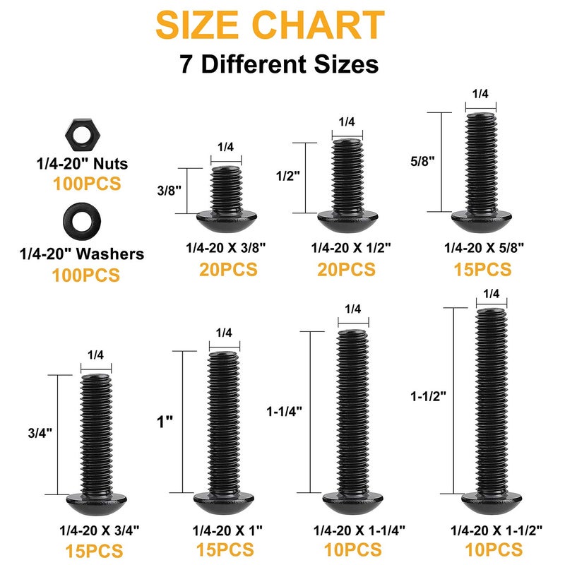 VIGRUE 305Pcs 1/4-20 Bolt and Nut Assortment Kit, 1/4-20 Black Button Head Socket Cap Screw Nuts Washers Kit, Assorted Allen Head Screws, Class 12.9 Alloy Steel - Image 2